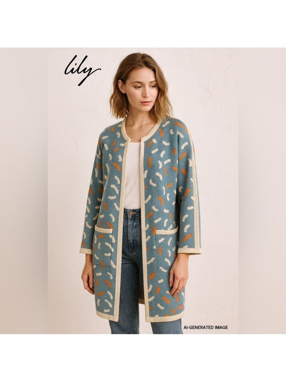 Lily Blue Orange Pattern Knit Cardigan Coatigan XS/S Wool Rabbit Hair Blend